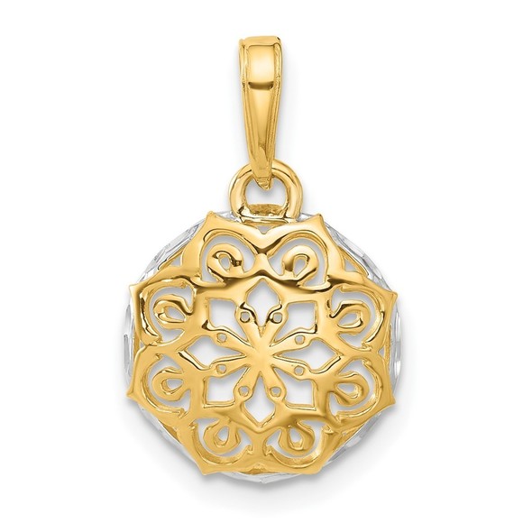 14K Gold and White Rhodium Floral Design Circle Pendant - Picture 1 of 4